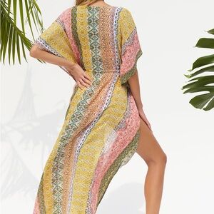 Lulu’s Open Front Cover Up Multicolor Bohemian Maxi Length Boho Swim Beachy Sz M